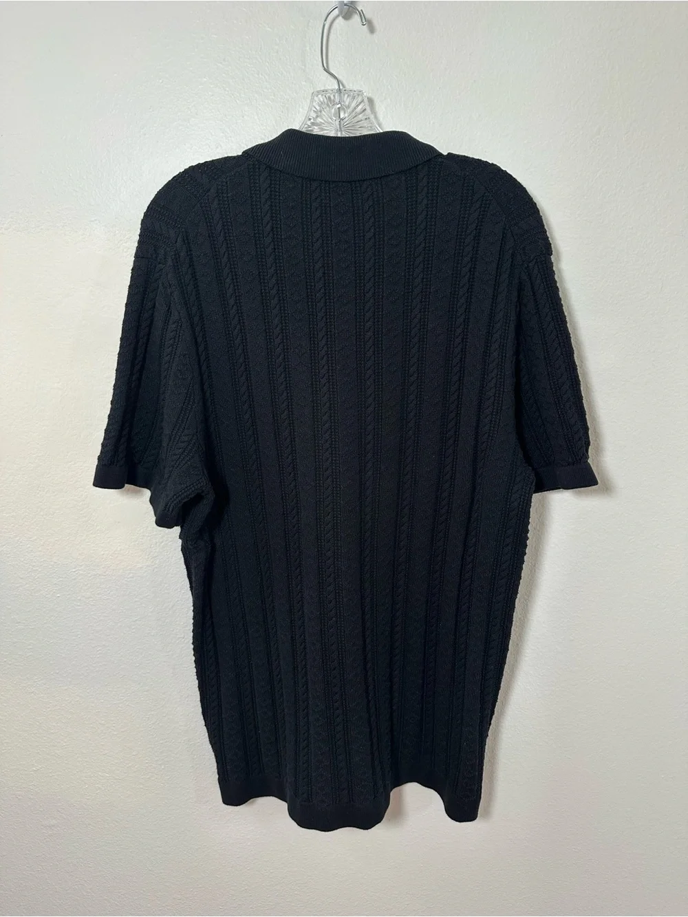 J. Crew Black Short Sleeve Guernsey Stitch Polo Cardigan Sweater Button Front L